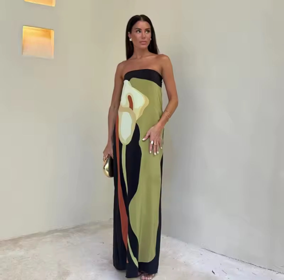🌟 Abstract Floral Strapless Maxi Dress – Olive & Black