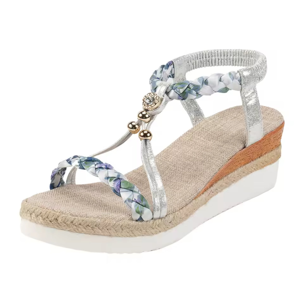 🌸 Floral Woven Platform Sandals – Blue & White