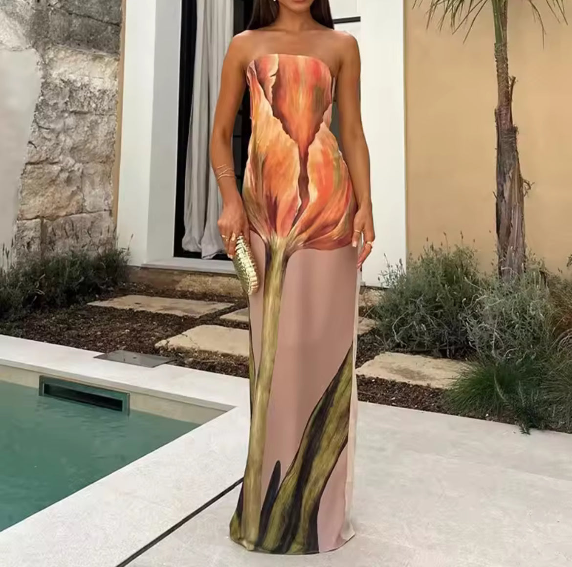 🌟 Abstract Floral Strapless Maxi Dress – Olive & Black