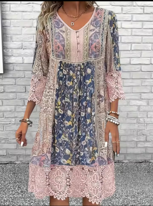 🌷 Boho Patchwork Lace Dress – Floral & Pink Trim
