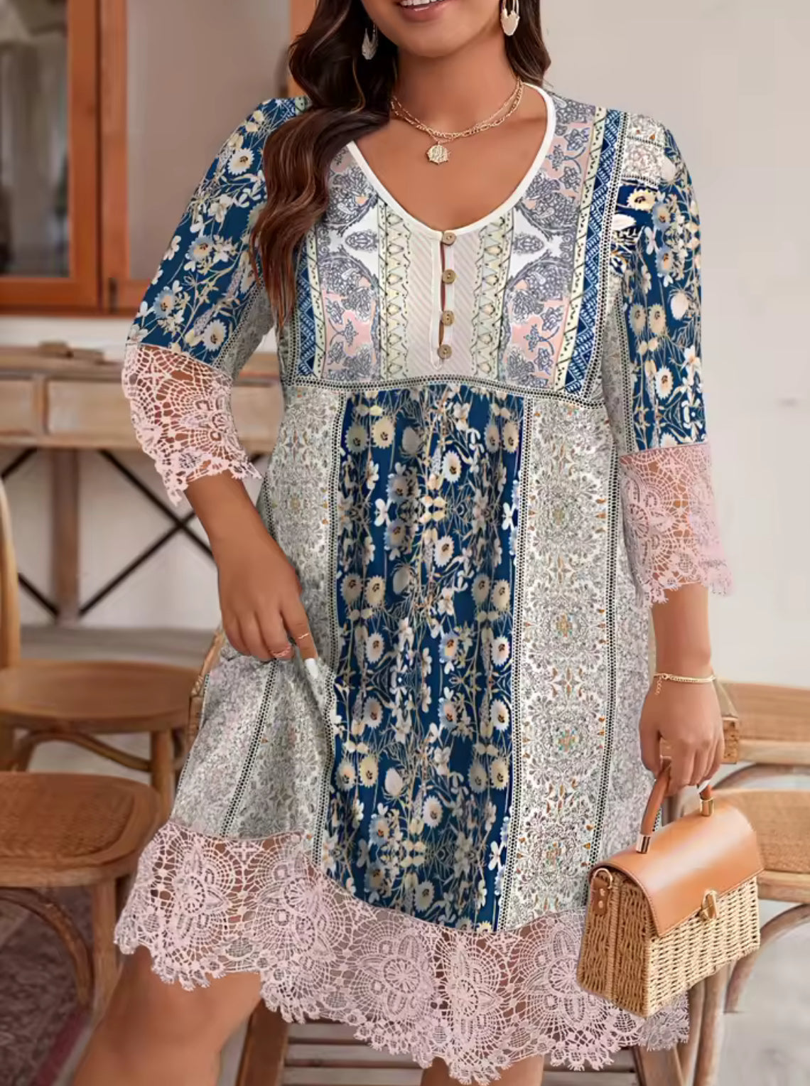 🌷 Boho Patchwork Lace Dress – Floral & Pink Trim