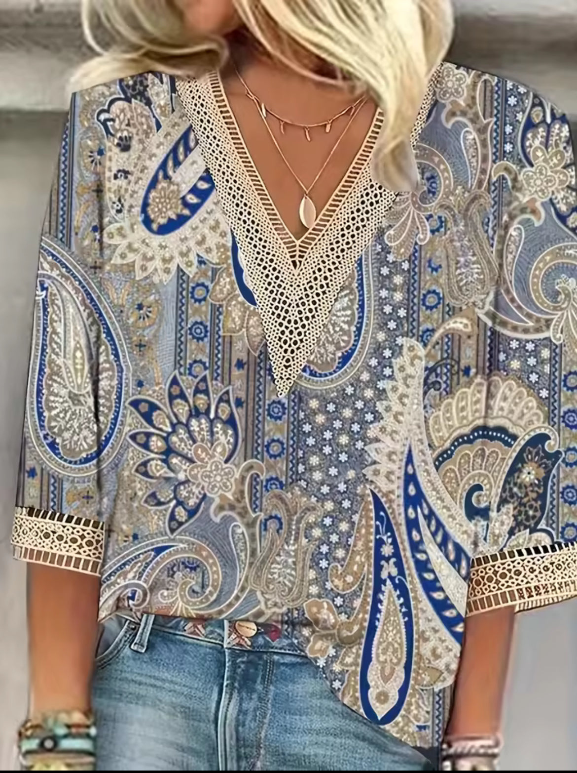 🌺 Boho Paisley Lace Blouse – Multicolor