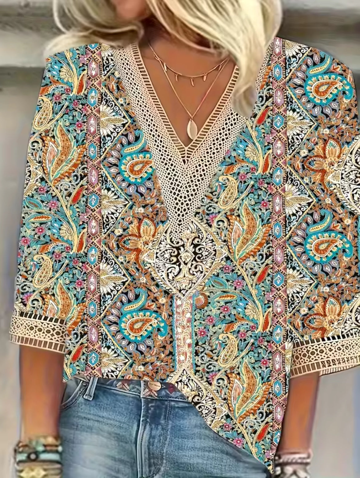 🌺 Boho Paisley Lace Blouse – Multicolor