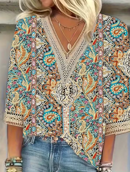 🌺 Boho Paisley Lace Blouse – Multicolor